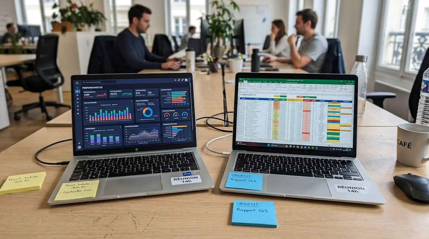 Deux écrans d'ordinateur côte à côte affichant des tableaux de bord différents avec des chiffres de campagnes publicitaires, post-it sur le bureau, éclairage naturel de bureau