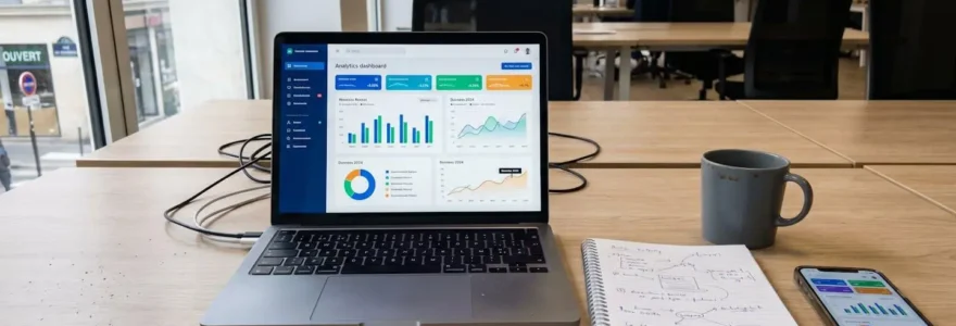 Espace de travail moderne avec ordinateur portable affichant un tableau de bord analytics, carnet de notes manuscrites et smartphone sur un bureau en bois clair éclairé par lumière naturelle