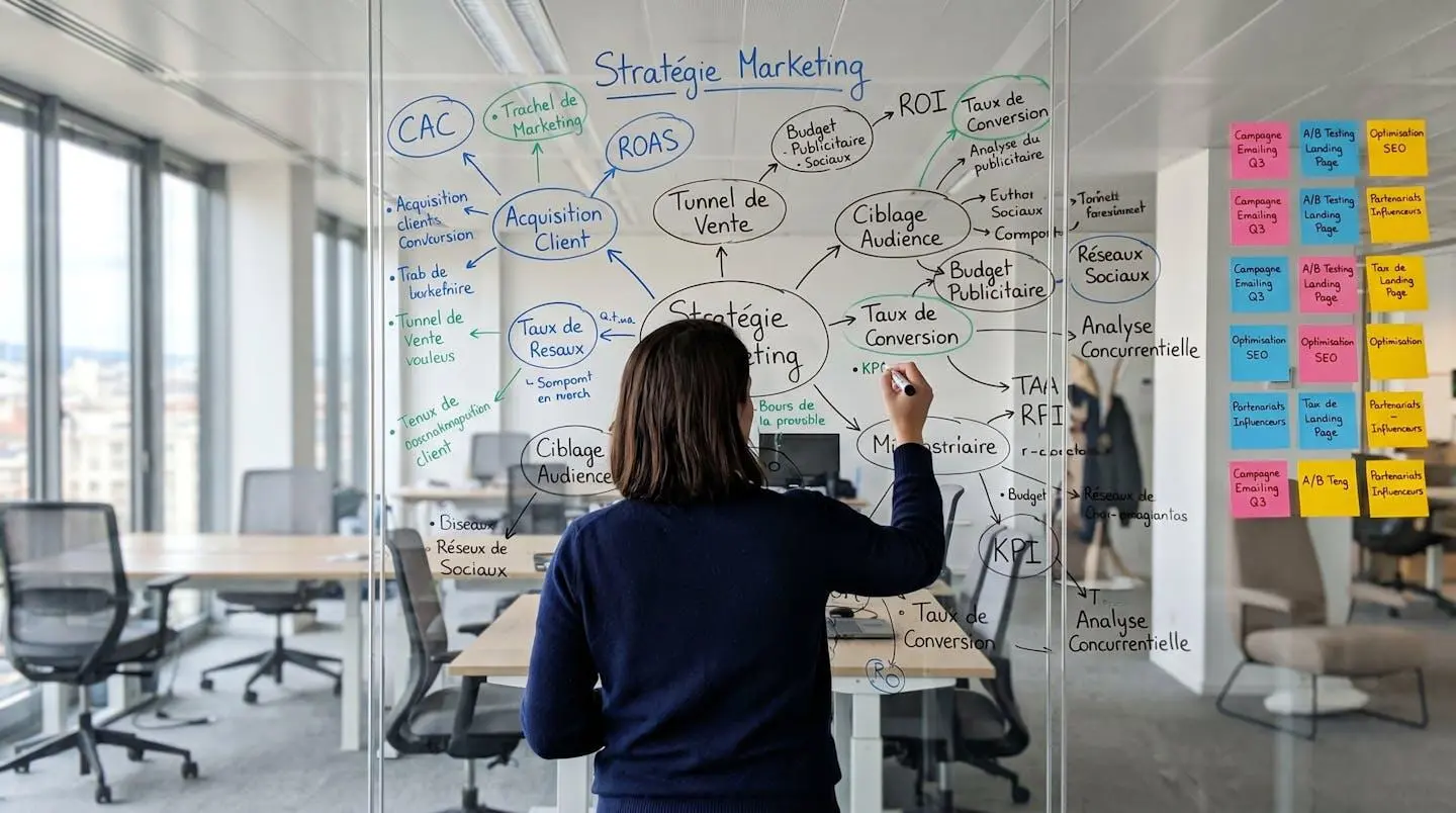 Personne de dos devant un tableau blanc avec des indicateurs marketing notés et des post-it colorés organisés par ordre de priorité, éclairage naturel latéral
