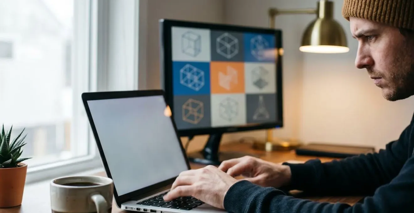 Entrepreneur créant son premier site web vitrine sur ordinateur portable dans un espace de travail moderne