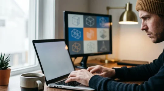 Entrepreneur créant son premier site web vitrine sur ordinateur portable dans un espace de travail moderne