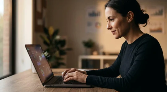 Personne travaillant sur ordinateur portable avec tableaux de bord analytiques et graphiques de croissance en arrière-plan flou
