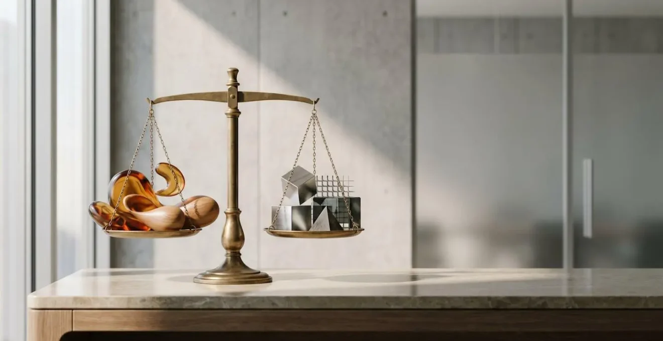 Representation visuelle de l'equilibre strategique entre investissement marque et resultats immediats dans le marketing digital