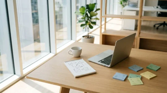 Entrepreneur planifiant sa stratégie marketing annuelle dans un espace de travail moderne et lumineux