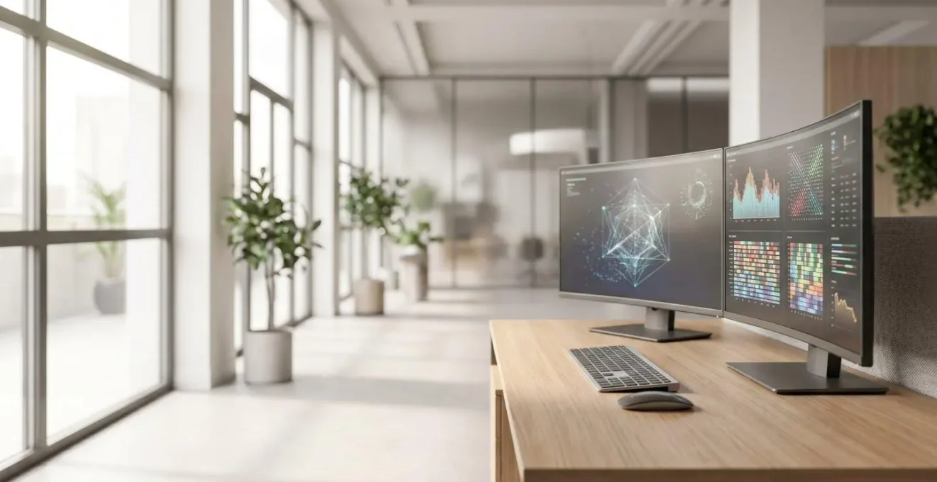Bureau moderne avec écrans multiples affichant des tableaux de bord analytiques complexes, vision d'ensemble d'une opération de gestion publicitaire à grande échelle
