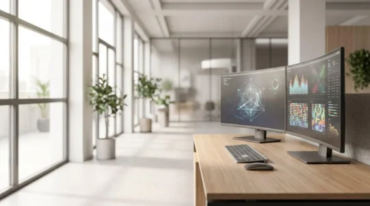 Bureau moderne avec écrans multiples affichant des tableaux de bord analytiques complexes, vision d'ensemble d'une opération de gestion publicitaire à grande échelle