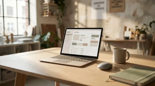 Espace de travail moderne avec outils numériques pour gérer le marketing digital en autonomie