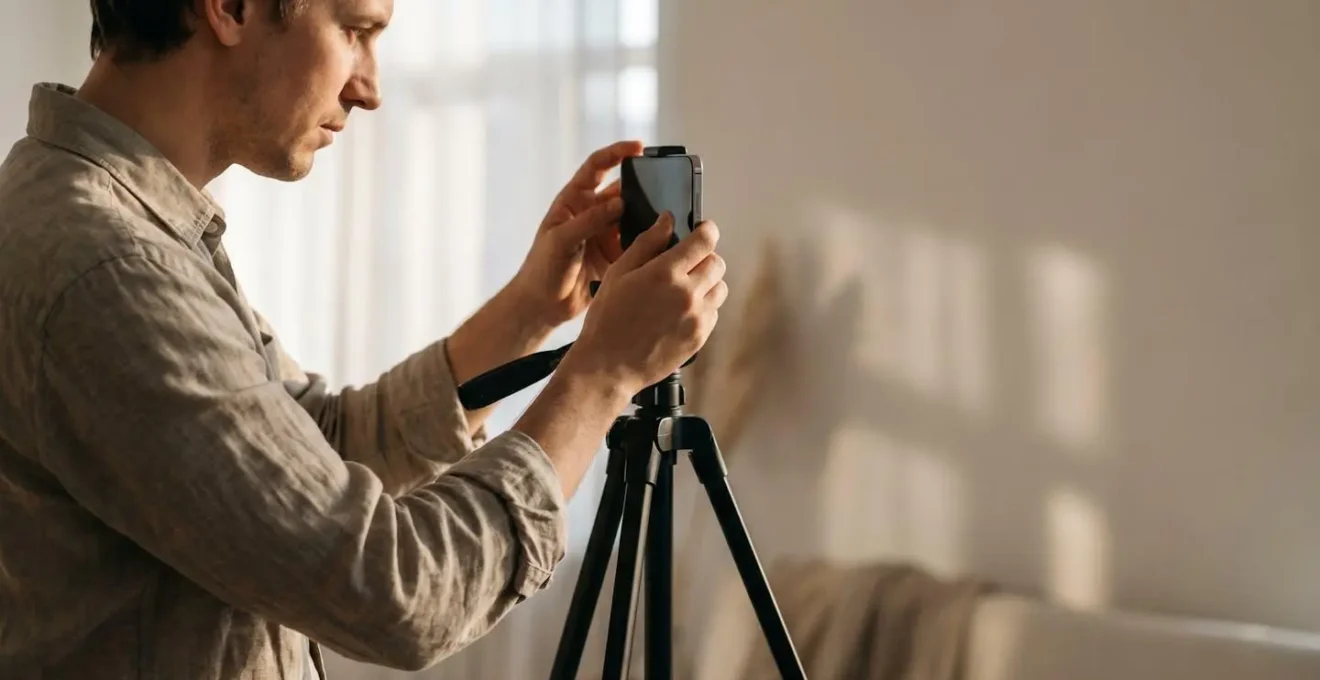 Personne créant du contenu vidéo avec un smartphone sur trépied dans un environnement lumineux et minimaliste