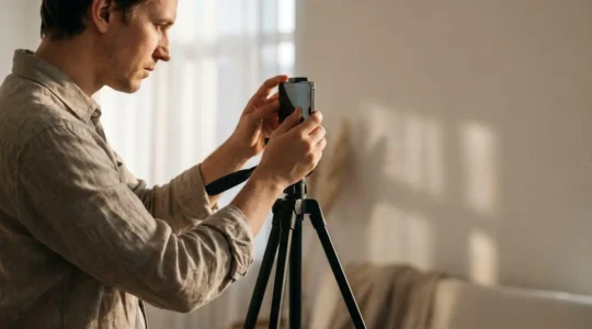 Personne créant du contenu vidéo avec un smartphone sur trépied dans un environnement lumineux et minimaliste