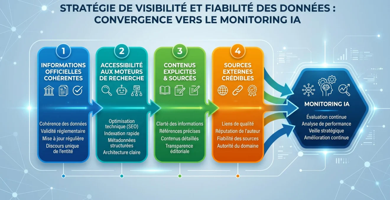Schéma des leviers de correction et de visibilité d'une entreprise dans les moteurs IA
